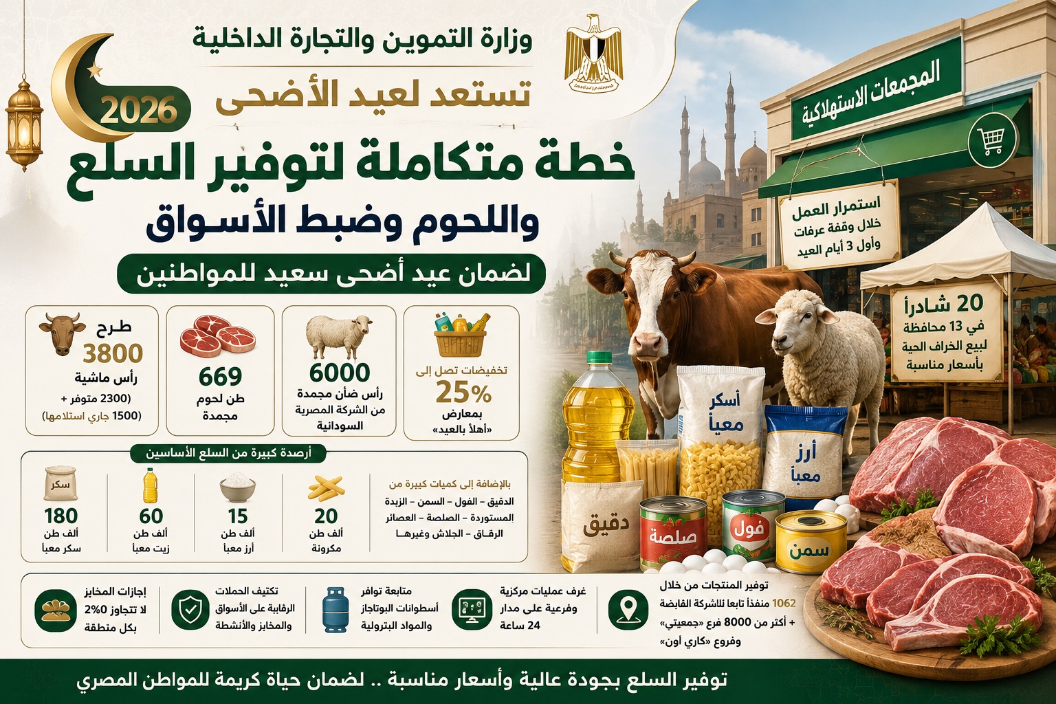 التموين تعلن خطة عيد الأضحى 2026.. طرح 3800 رأس ماشية وتخفيضات تصل لـ25% على السلع