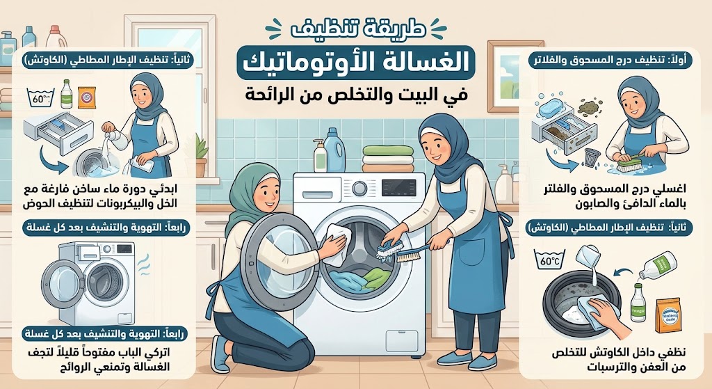 طريقة تنظيف الغسالة الأوتوماتيك في المنزل والتخلص من الروائح