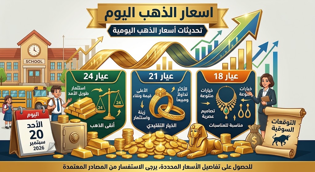 سعر الذهب اليوم الأحد 20 سبتمبر 2026.. عيار 21 و18 و24 والجنيه الذهب