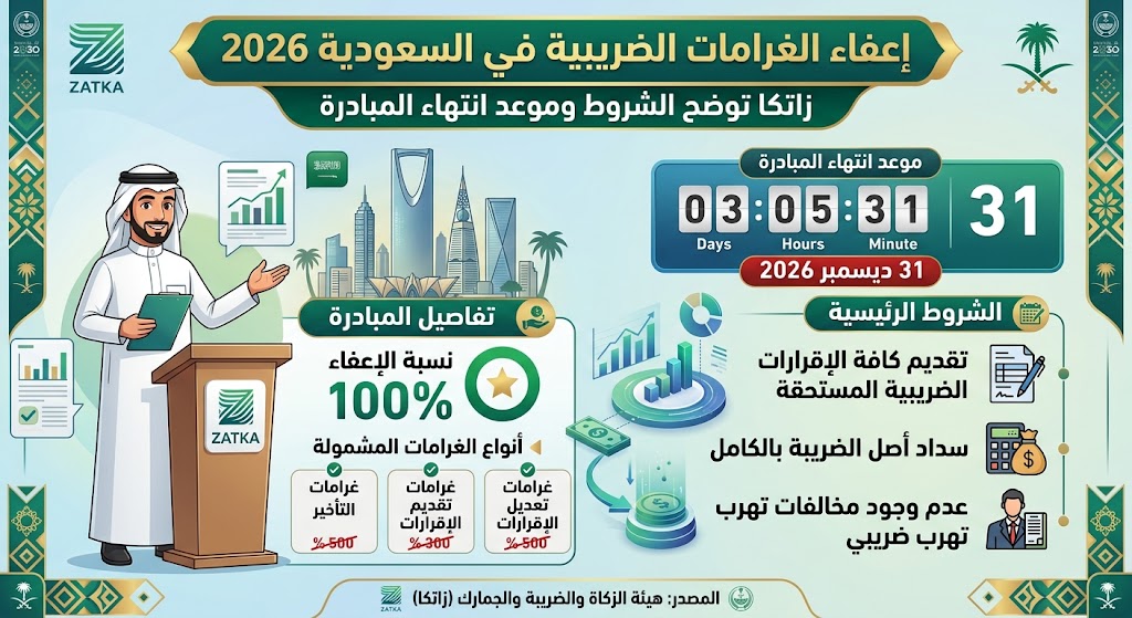 إعفاء الغرامات الضريبية في السعودية 2026.. زاتكا توضح الشروط وموعد انتهاء المبادرة