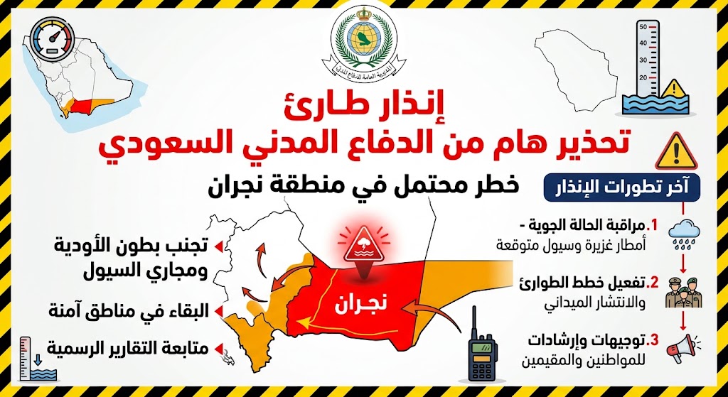 الدفاع المدني السعودي يحذر من خطر محتمل في نجران.. وآخر تطورات الإنذار