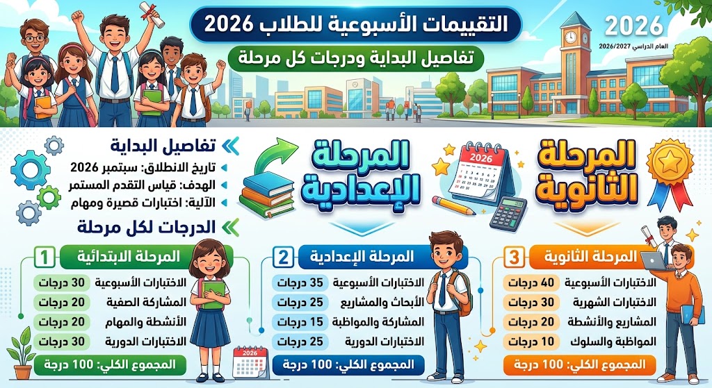 «التقييم الأسبوعي يبدأ اليوم.. اعرف درجات طلاب الابتدائي والإعدادي والثانوي 2026»